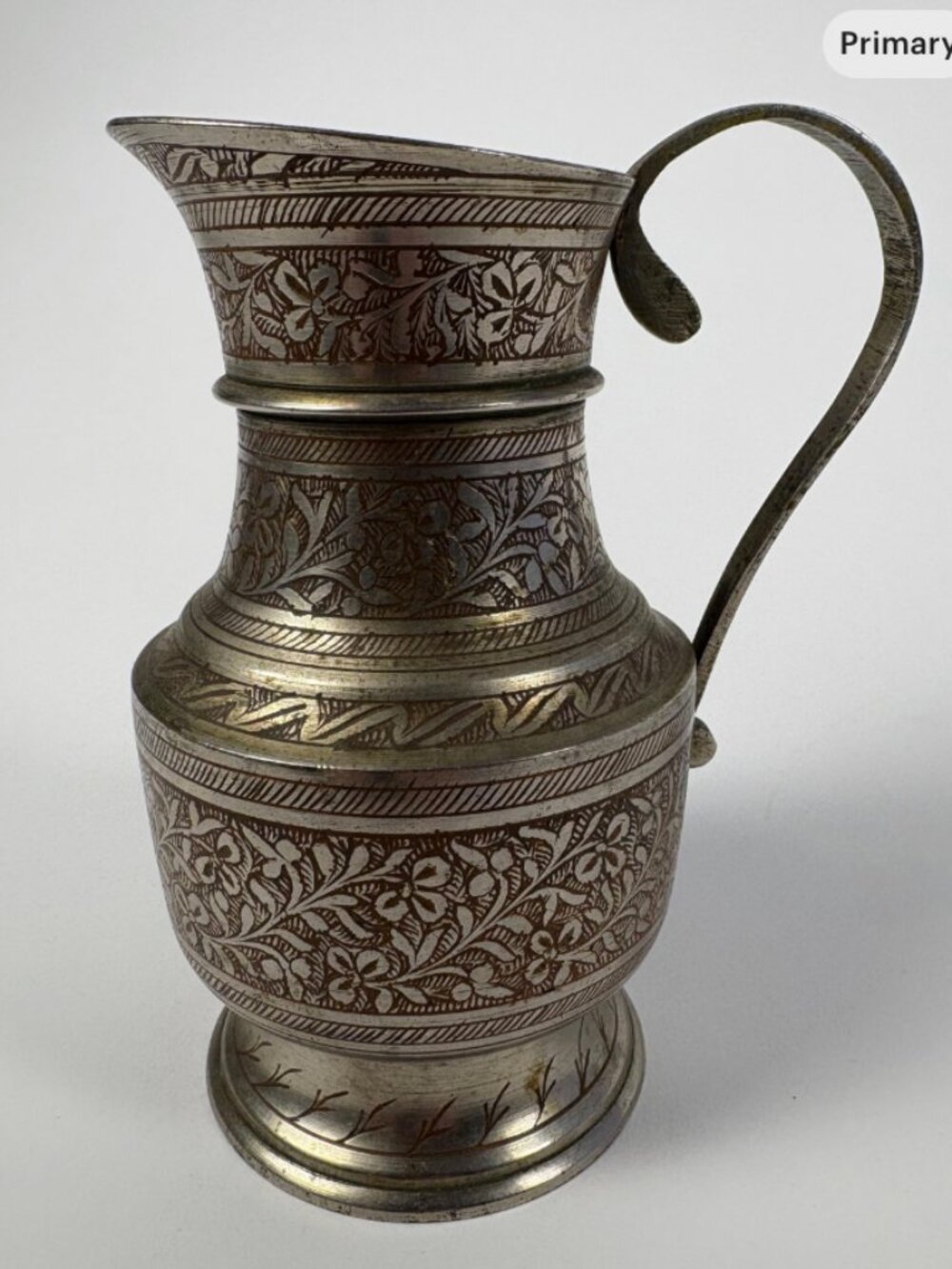 Vintage Hand-Etched Brass Pitcher | Floral Decor, Indian Jug